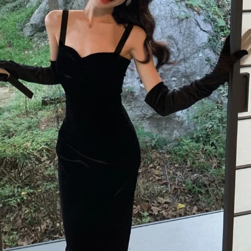 Velvet Corset Bustier Sweetheart Neck Wide Strap Bodycon Midi Dress