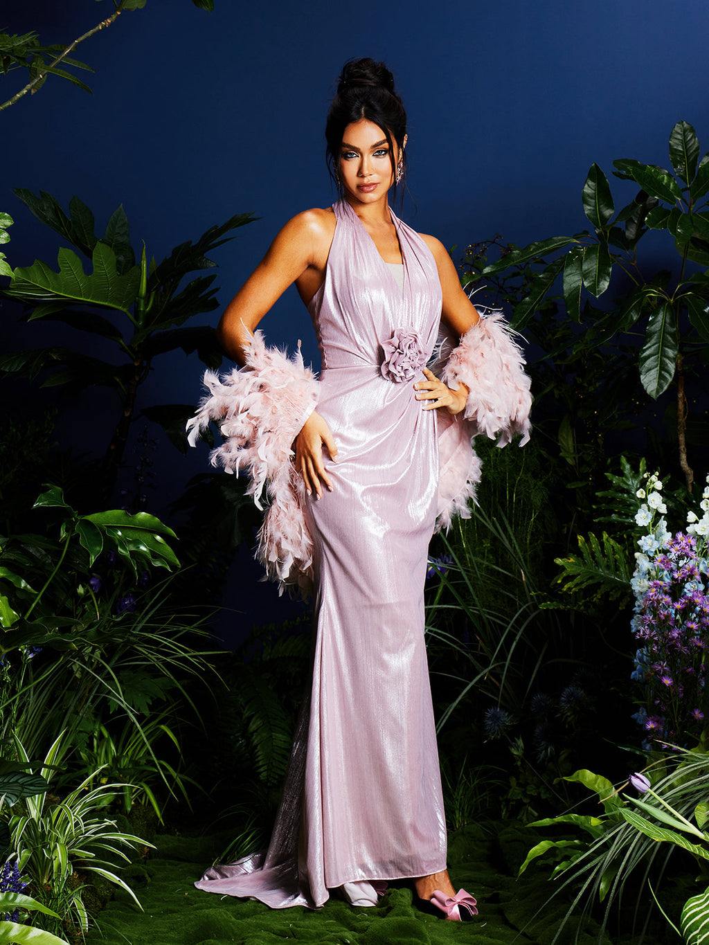 Metallic Pleated Halter Neck Deep V-Neck Rosette Waist Maxi Dress and Feather Shrug Set