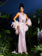Metallic Pleated Halter Neck Deep V-Neck Rosette Waist Maxi Dress and Feather Shrug Set