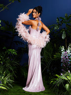 Metallic Pleated Halter Neck Deep V-Neck Rosette Waist Maxi Dress and Feather Shrug Set