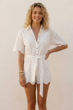 Lapel Embroidery Floral Tie-Waist Rompers