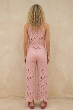 Lapel Hollow Out Lace Vest Pants Set