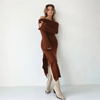 Ribbed Fold Over Off Shoulder Long Sleeve Bodycon Maxi Dress