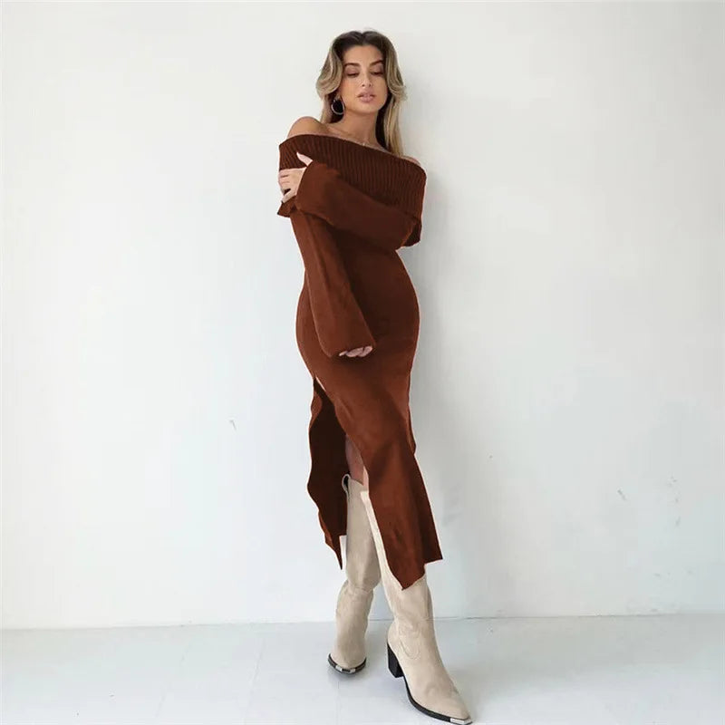 Ribbed Fold Over Off Shoulder Long Sleeve Bodycon Maxi Dress