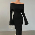 Ribbed Fold Over Off Shoulder Long Sleeve Bodycon Maxi Dress