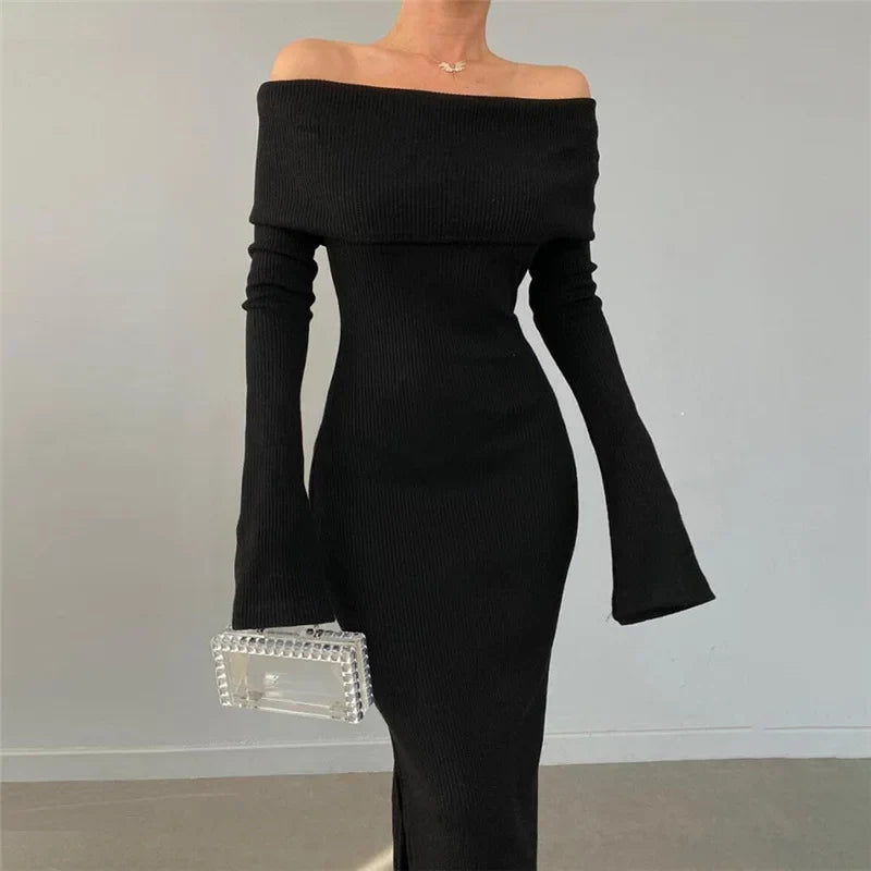 Ribbed Fold Over Off Shoulder Long Sleeve Bodycon Maxi Dress