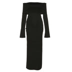 Ribbed Fold Over Off Shoulder Long Sleeve Bodycon Maxi Dress