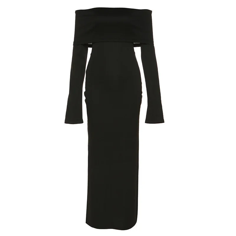 Ribbed Fold Over Off Shoulder Long Sleeve Bodycon Maxi Dress