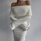 Ribbed Fold Over Off Shoulder Long Sleeve Bodycon Maxi Dress