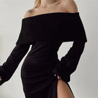 Ribbed Fold Over Off Shoulder Long Sleeve Bodycon Maxi Dress