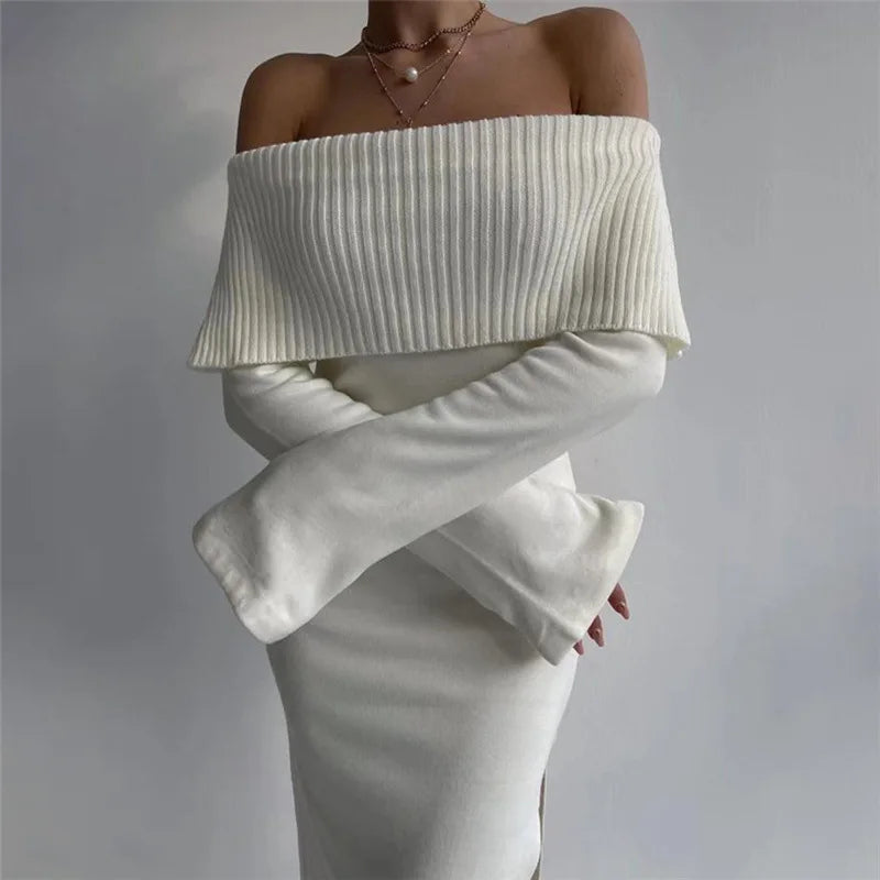 Ribbed Fold Over Off Shoulder Long Sleeve Bodycon Maxi Dress