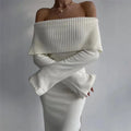 Ribbed Fold Over Off Shoulder Long Sleeve Bodycon Maxi Dress