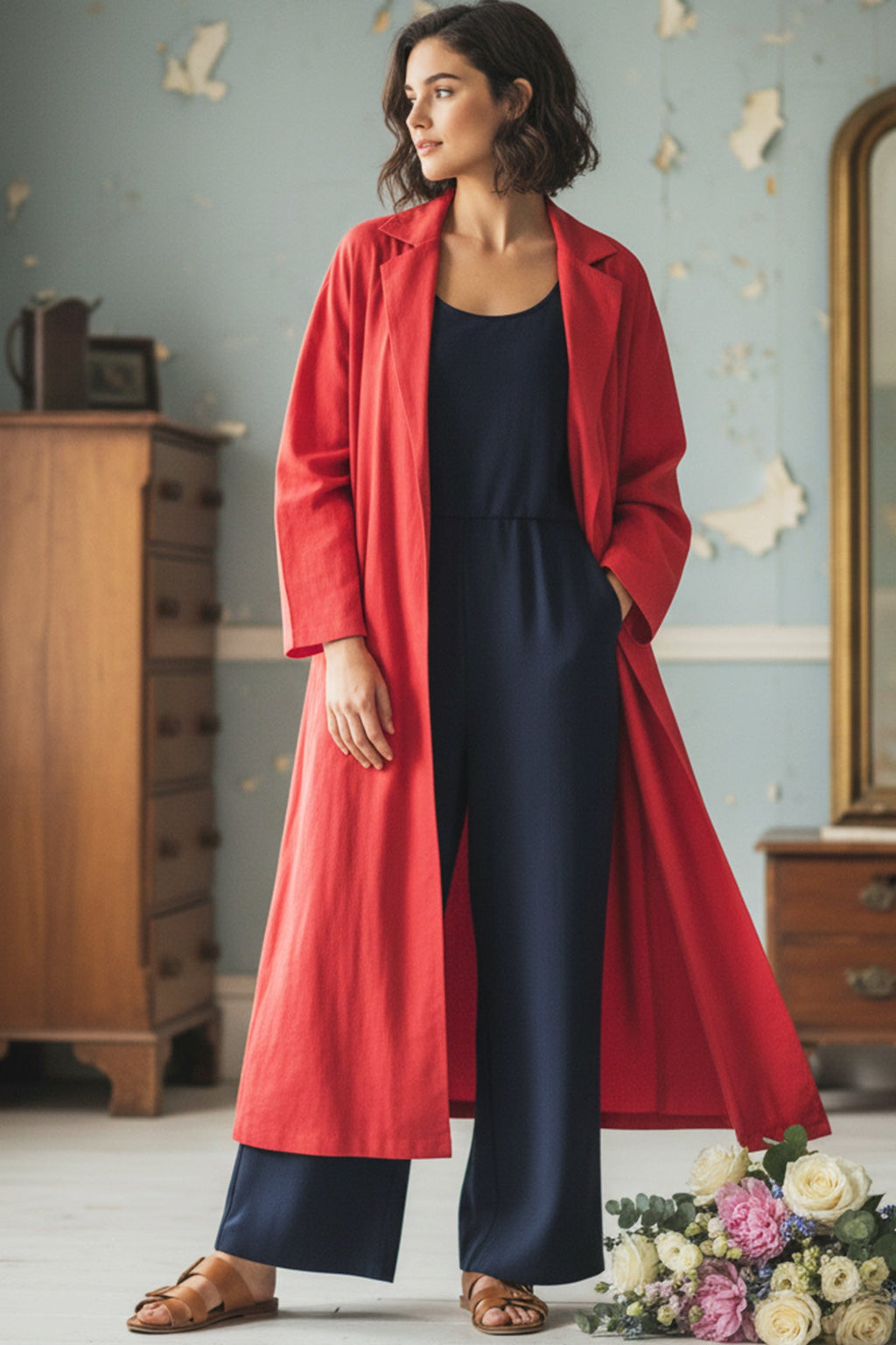 Lapel Tie-up Cotton Linen Dress