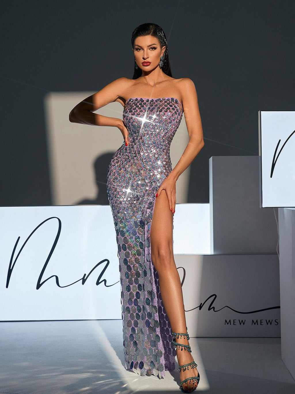 Strapless Sequin High Split Bodycon Maxi Gown