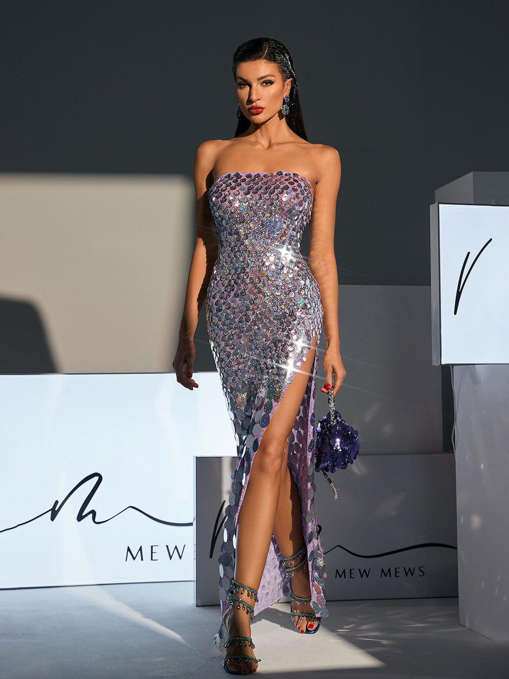 Strapless Sequin High Split Bodycon Maxi Gown