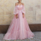 Off Shoulder Sweetheart Tulle Puff Sleeve Tiered Ruffle Ball Gown