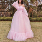 Off Shoulder Sweetheart Tulle Puff Sleeve Tiered Ruffle Ball Gown