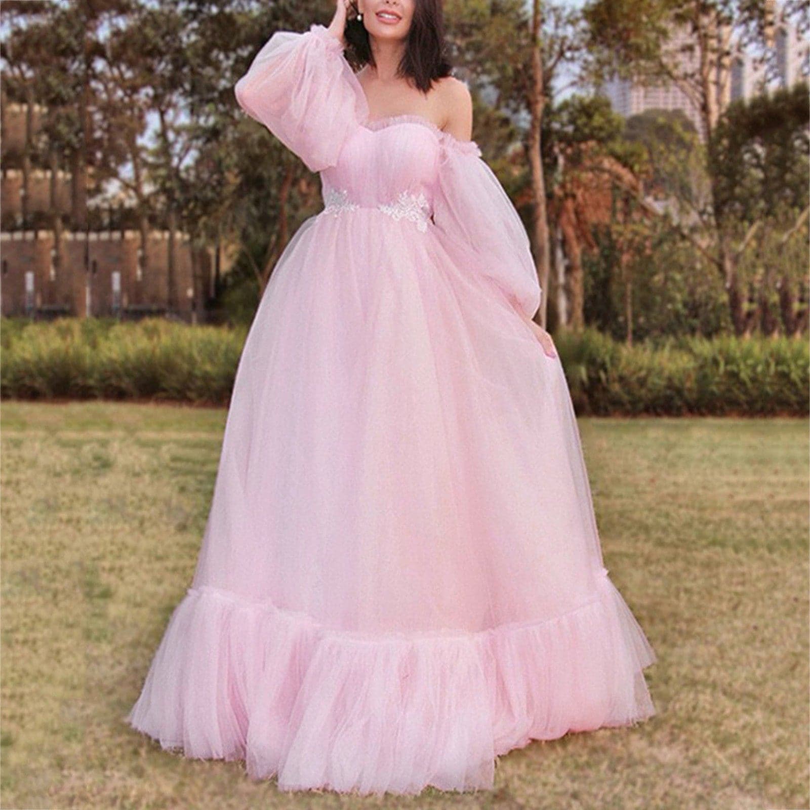 Off Shoulder Sweetheart Tulle Puff Sleeve Tiered Ruffle Ball Gown