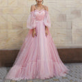 Off Shoulder Sweetheart Tulle Puff Sleeve Tiered Ruffle Ball Gown