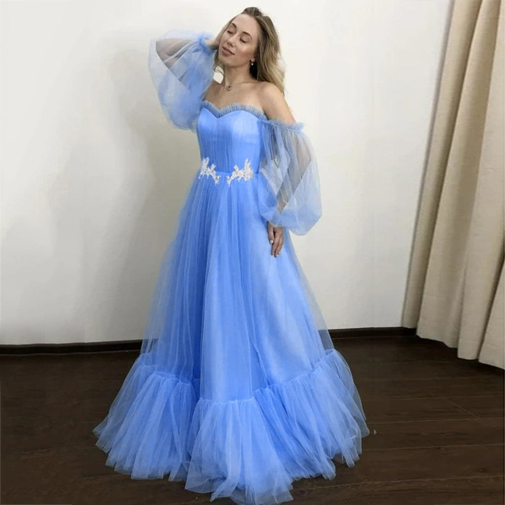 Off Shoulder Sweetheart Tulle Puff Sleeve Tiered Ruffle Ball Gown