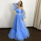 Off Shoulder Sweetheart Tulle Puff Sleeve Tiered Ruffle Ball Gown