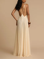 Plunging V-Neck Paneled Lace Insert Gathered Chiffon Maxi Gown