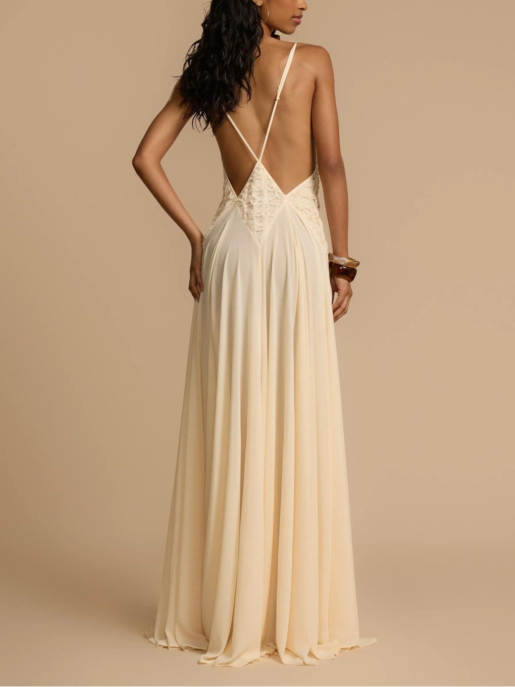 Plunging V-Neck Paneled Lace Insert Gathered Chiffon Maxi Gown