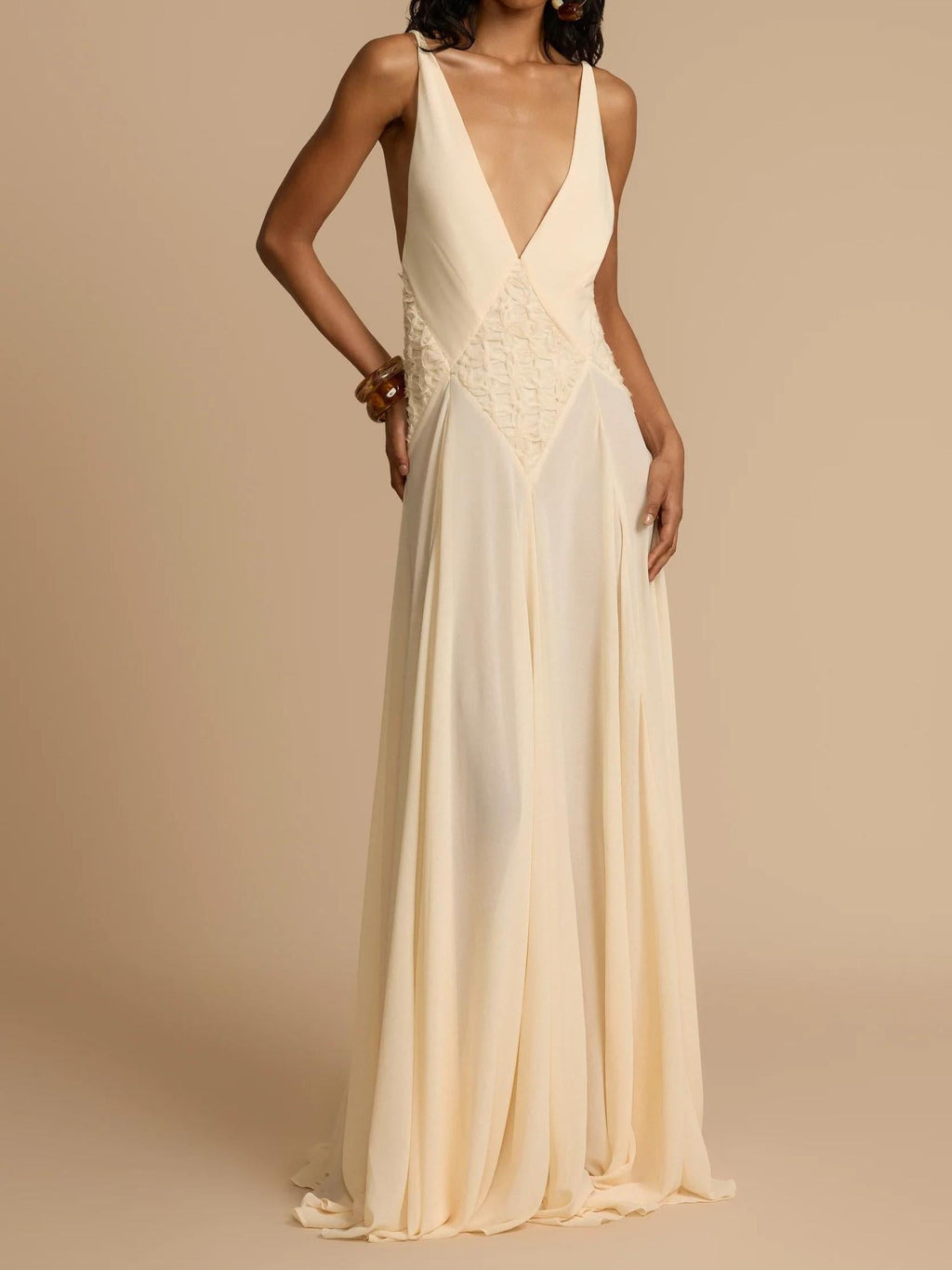 Plunging V-Neck Paneled Lace Insert Gathered Chiffon Maxi Gown