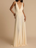 Plunging V-Neck Paneled Lace Insert Gathered Chiffon Maxi Gown