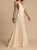 Plunging V-Neck Paneled Lace Insert Gathered Chiffon Maxi Gown