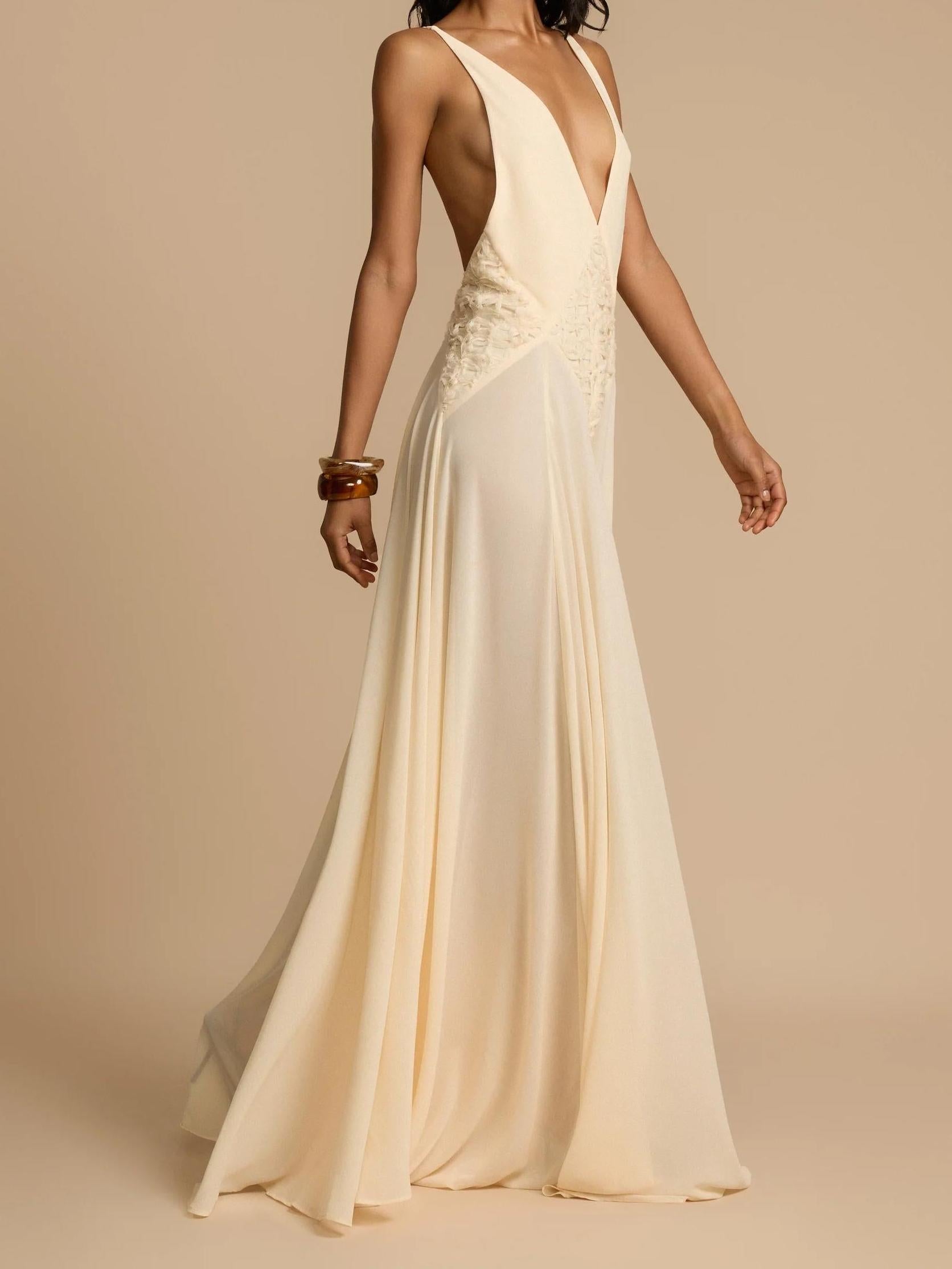 Plunging V-Neck Paneled Lace Insert Gathered Chiffon Maxi Gown