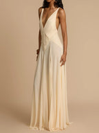 Plunging V-Neck Paneled Lace Insert Gathered Chiffon Maxi Gown