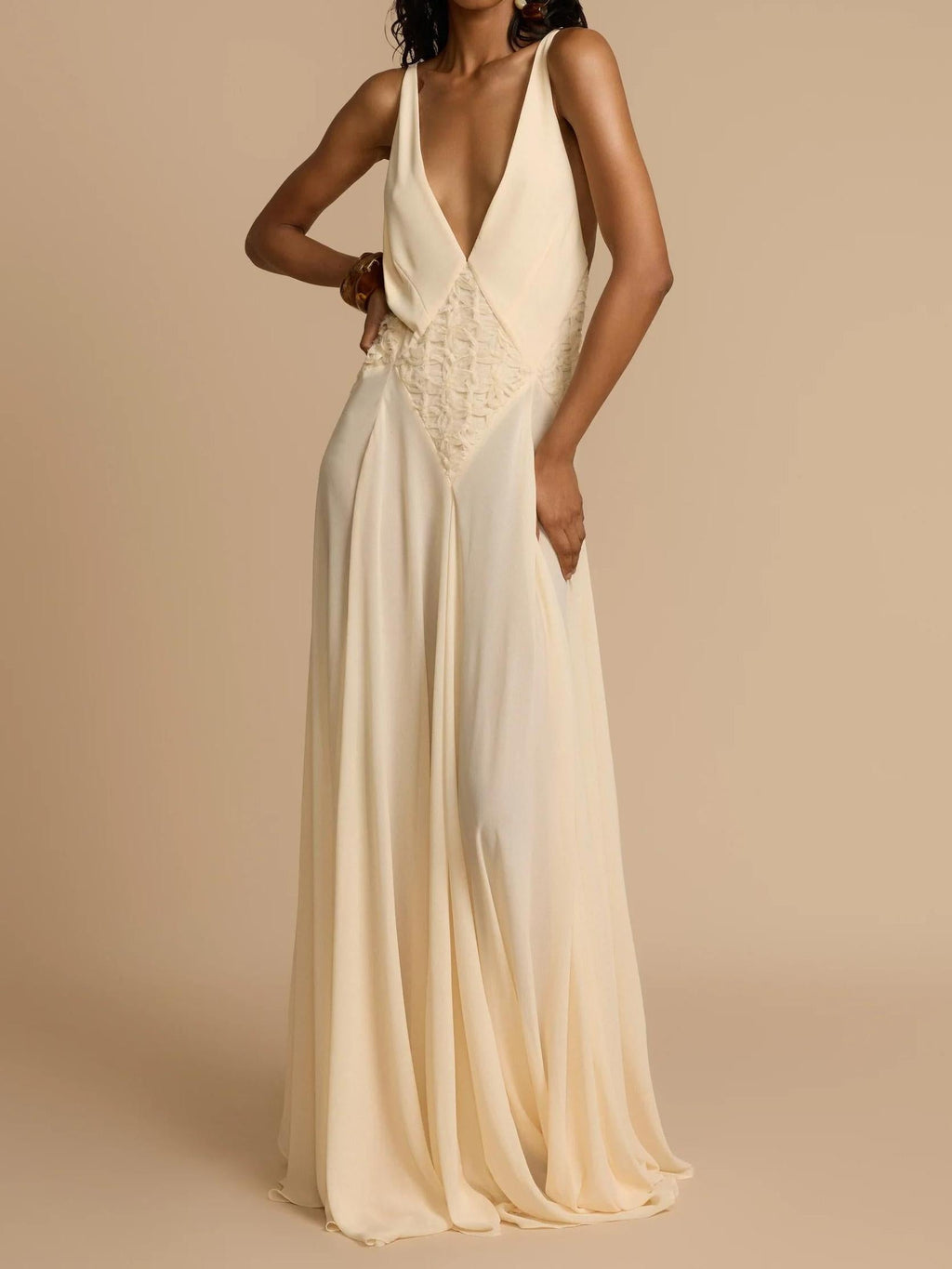 Plunging V-Neck Paneled Lace Insert Gathered Chiffon Maxi Gown