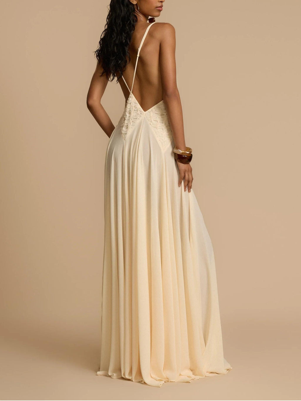 Plunging V-Neck Paneled Lace Insert Gathered Chiffon Maxi Gown