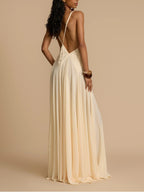 Plunging V-Neck Paneled Lace Insert Gathered Chiffon Maxi Gown