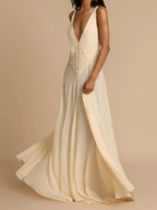 Plunging V-Neck Paneled Lace Insert Gathered Chiffon Maxi Gown