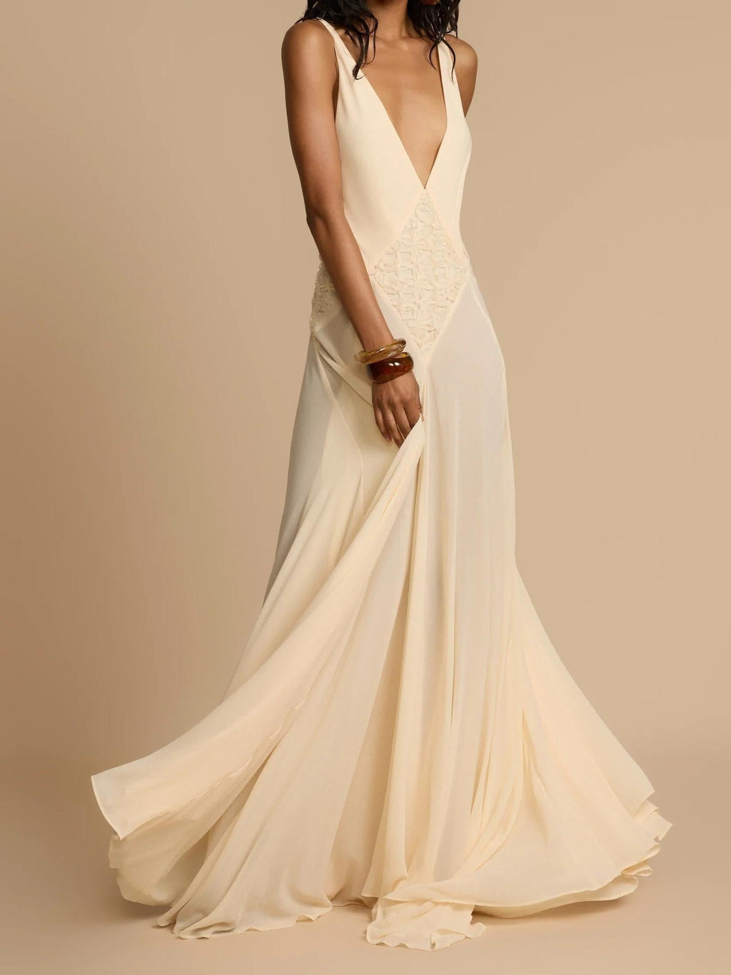 Plunging V-Neck Paneled Lace Insert Gathered Chiffon Maxi Gown