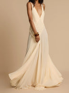 Plunging V-Neck Paneled Lace Insert Gathered Chiffon Maxi Gown
