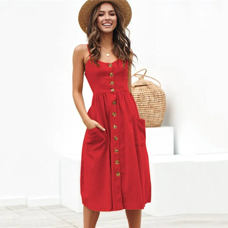 Spaghetti Strap V-Neck Button Front Fit and Flare Midi Dress