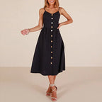 Spaghetti Strap V-Neck Button Front Fit and Flare Midi Dress