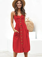 Spaghetti Strap V-Neck Button Front Fit and Flare Midi Dress