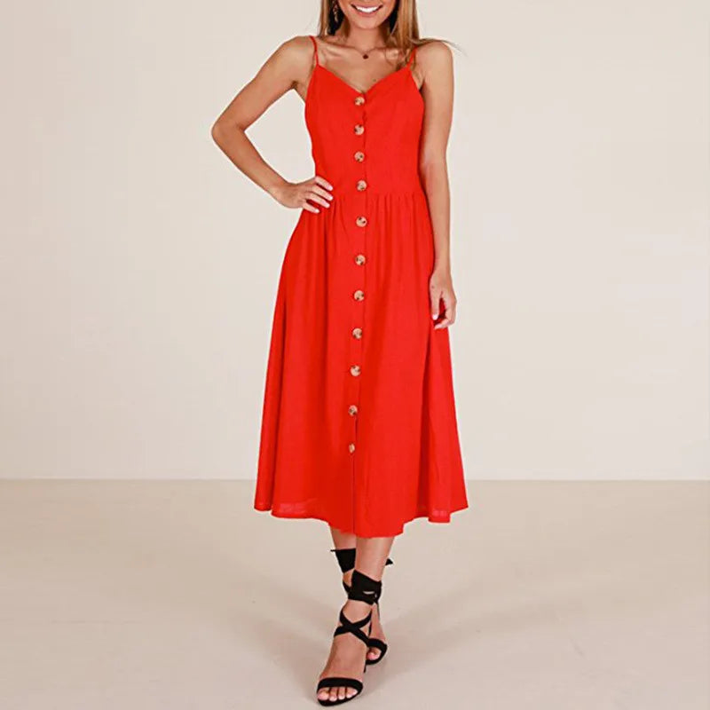 Spaghetti Strap V-Neck Button Front Fit and Flare Midi Dress