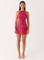 Halter High Neck Beaded Sequin Floral Embellished Mini Dress
