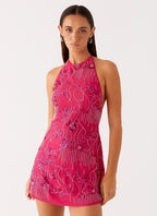 Halter High Neck Beaded Sequin Floral Embellished Mini Dress