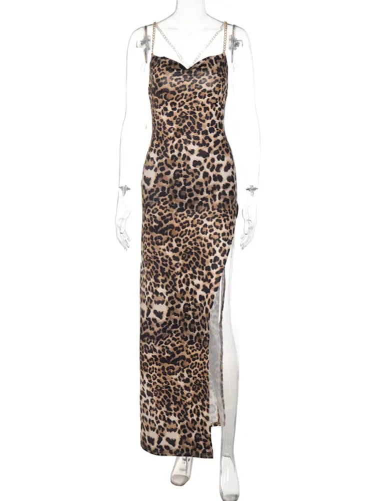 Print Cowl Neck Chain Strap Side Slit Maxi Dress