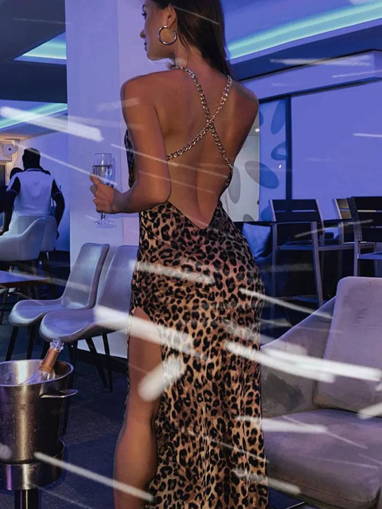 Chain Strap Cowl Neck Print High Slit Maxi Dress