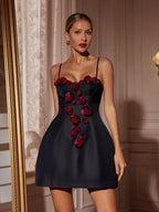 3D Floral Appliqué Bustier Spaghetti Strap Fit and Flare Mini Dress