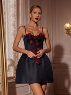 3D Floral Appliqué Bustier Spaghetti Strap Fit and Flare Mini Dress