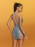 Sheer Mesh Halter High Neck Rhinestone Embellished Bodycon Mini Dress