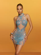 Sheer Mesh Halter High Neck Rhinestone Embellished Bodycon Mini Dress